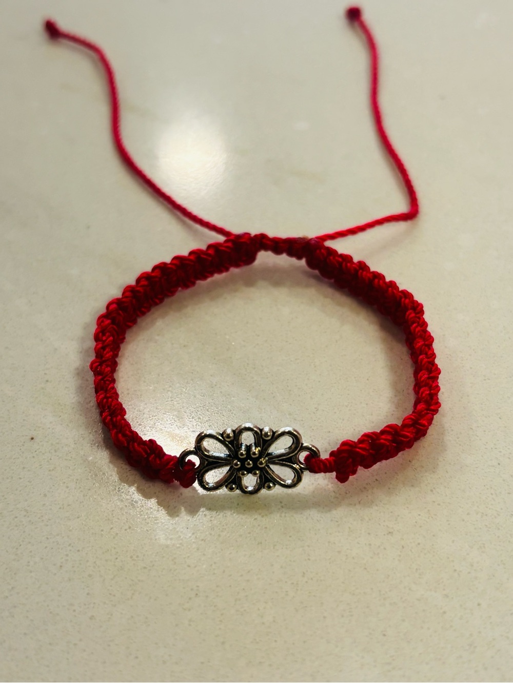 NWT Handmade Red Protection String Bracelet Silver Flower Charm Boho